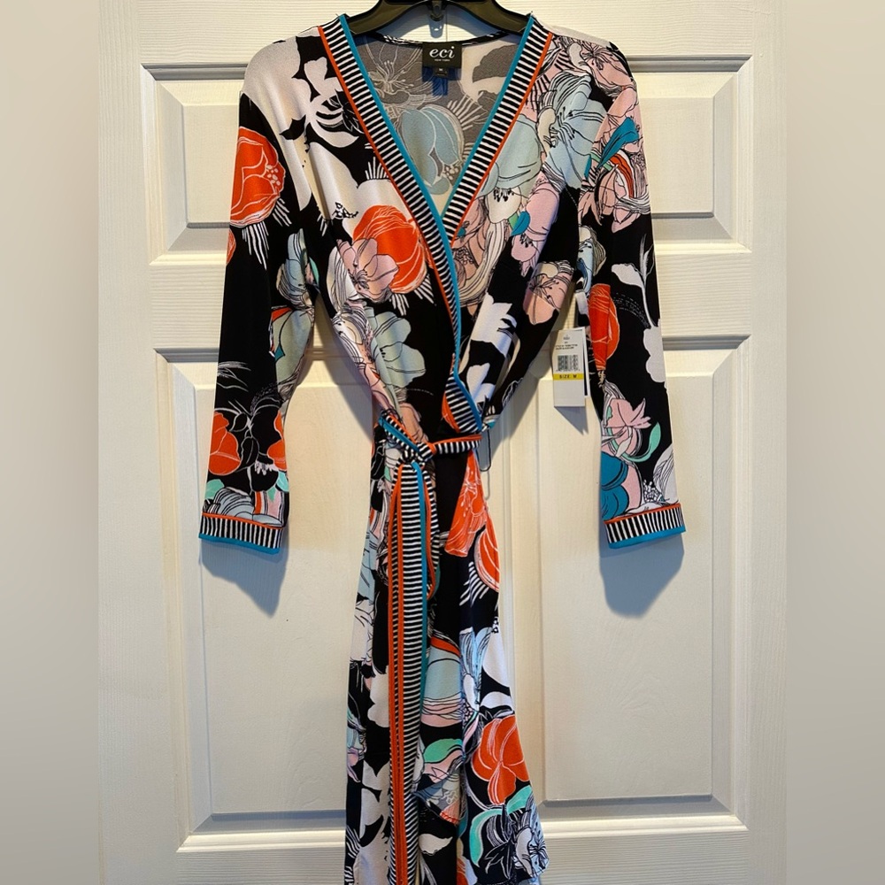 SOLD! ECI Floral Wrap Dress - Black White Orange Blue NWT